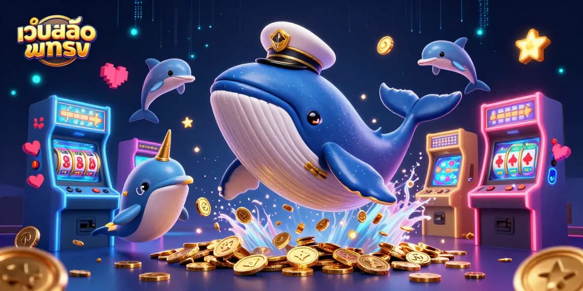 Engage with เว็บสล็อตตรง in an illustration featuring a whale, narwhal, and dolphins in a dynamic gaming scene.