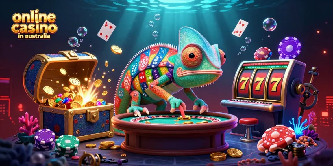 Engage with the vibrant online casino in australia featuring a dynamic chameleon casino owner and colorful elements.