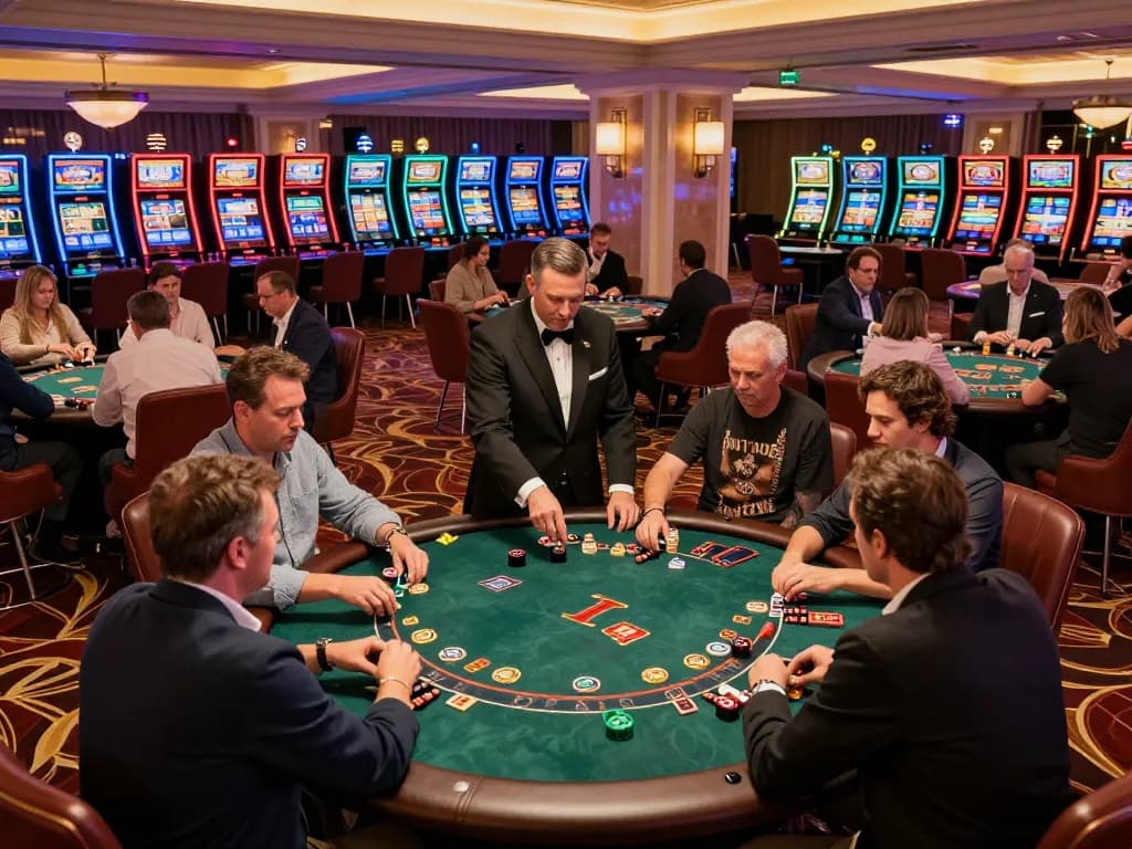 Players enjoy thrilling games at SC88 casino floor, engaging in poker and blackjack under vibrant lights.