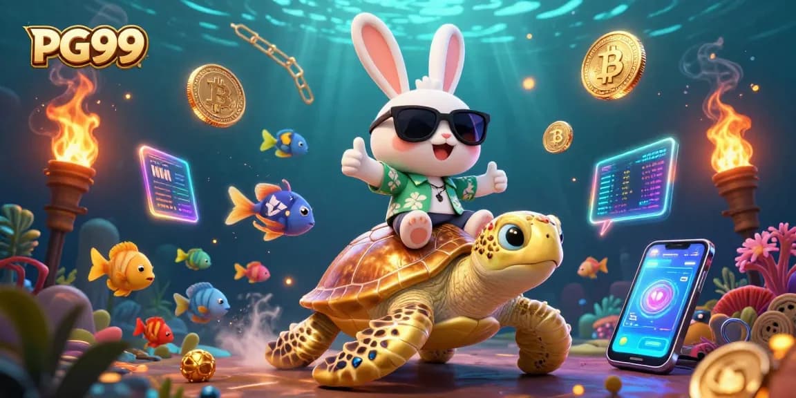 Experience thrilling gameplay at PG99, with an adorable lucky rabbit and golden turtle in an underwater casino.