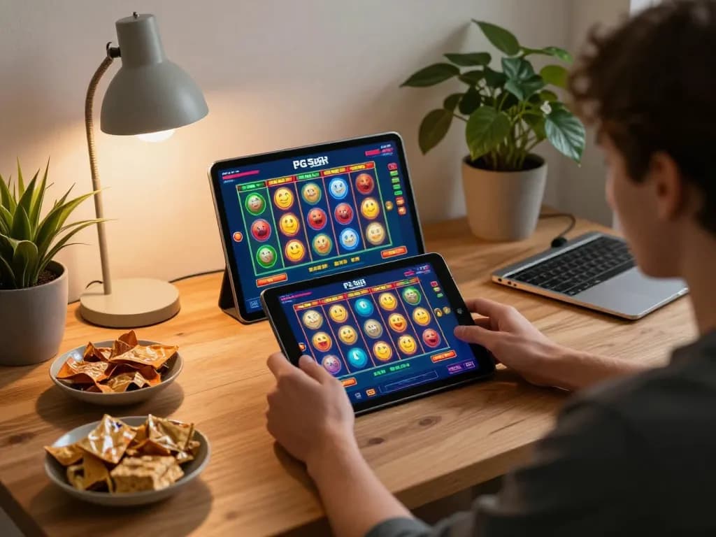 Berinteraksi dengan permainan slot demo PG Soft di tablet dalam pengaturan rumah yang nyaman.