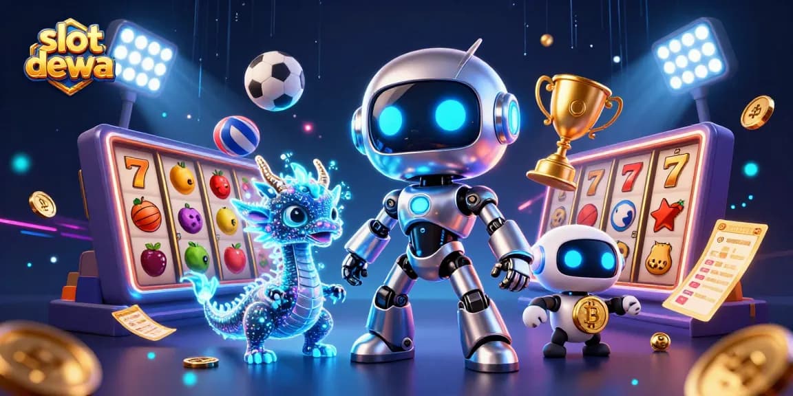 Menang besar di slot dewa dengan ilustrasi robot futuristik dan simbol yang memikat.