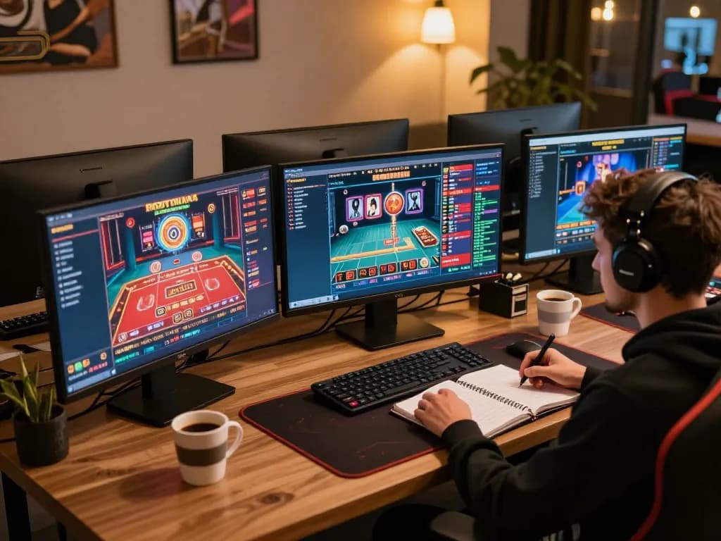 Player analyzing strategies for tr88 while engaging with online casino games in a stylish setup.