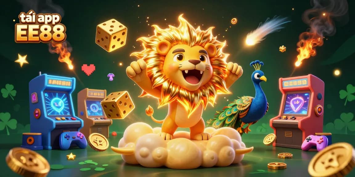 Engage with the thrilling tải app EE88 illustrated scene featuring a roaring sun lion and cosmic dice.
