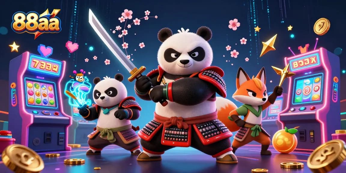 Engage in the vibrant world of 88aa with a colorful 3D casino-themed illustration featuring a samurai panda.