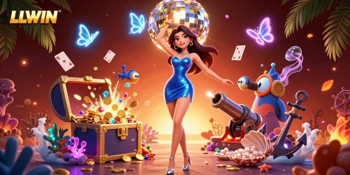 LLWIN showcases a dynamic 3D illustration with a glamorous dancer amidst vibrant casino elements.