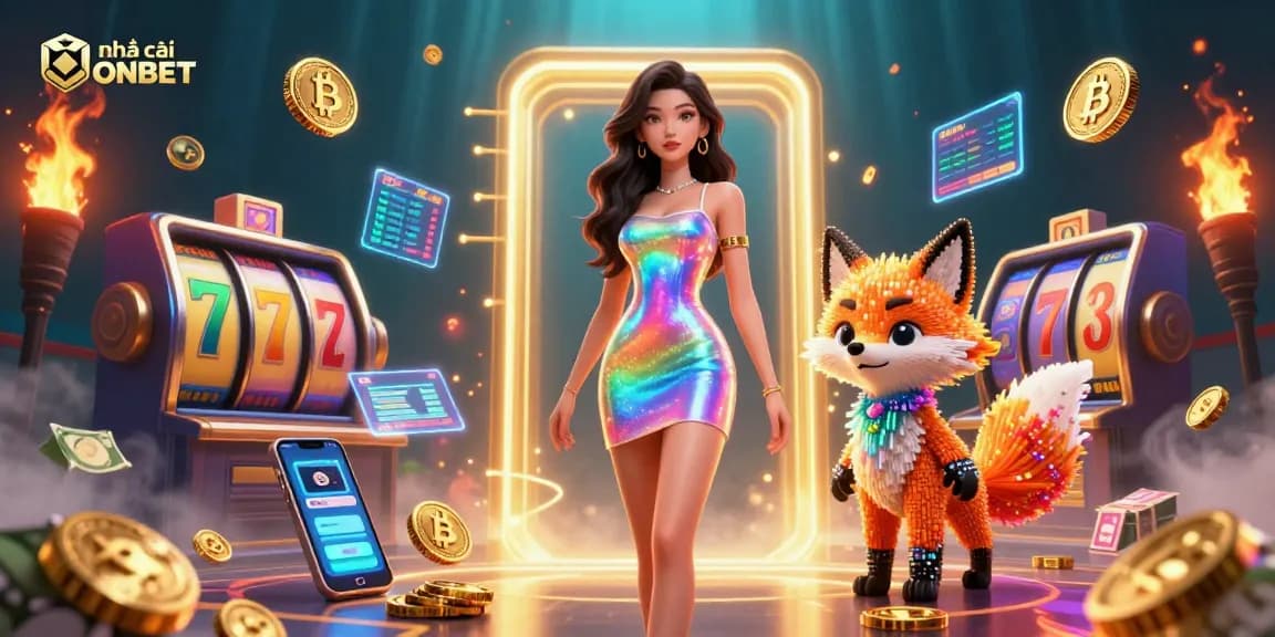 Engage with nhà cái ONBET as vibrant slot machines shine and a futuristic woman dazzles in a colorful digital casino.