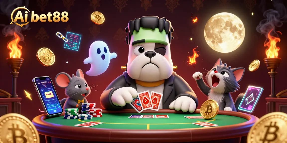 Experience Ai bet88 with an engaging illustration featuring a Frankenstein bulldog dealing cards in a spooky casino.