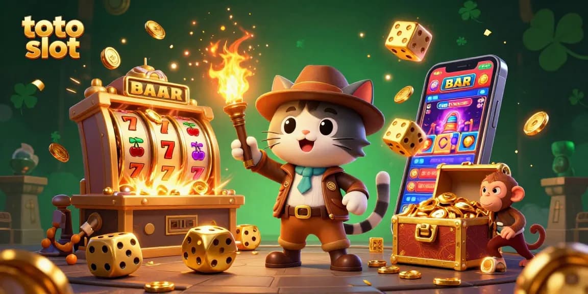 Engage in exciting toto slot adventures with an explorer cat and monkey in a vibrant casino scene.