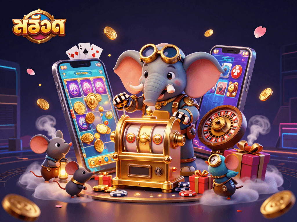 Engage in thrilling สล็อต action with our colorful slot game illustration featuring steampunk elements.