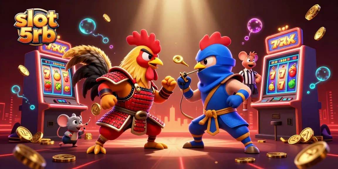 Engage with slot 5rb as twin cartoon roosters in fierce standoff highlight golden feathers and vibrant slots, showcasing casino excitement.