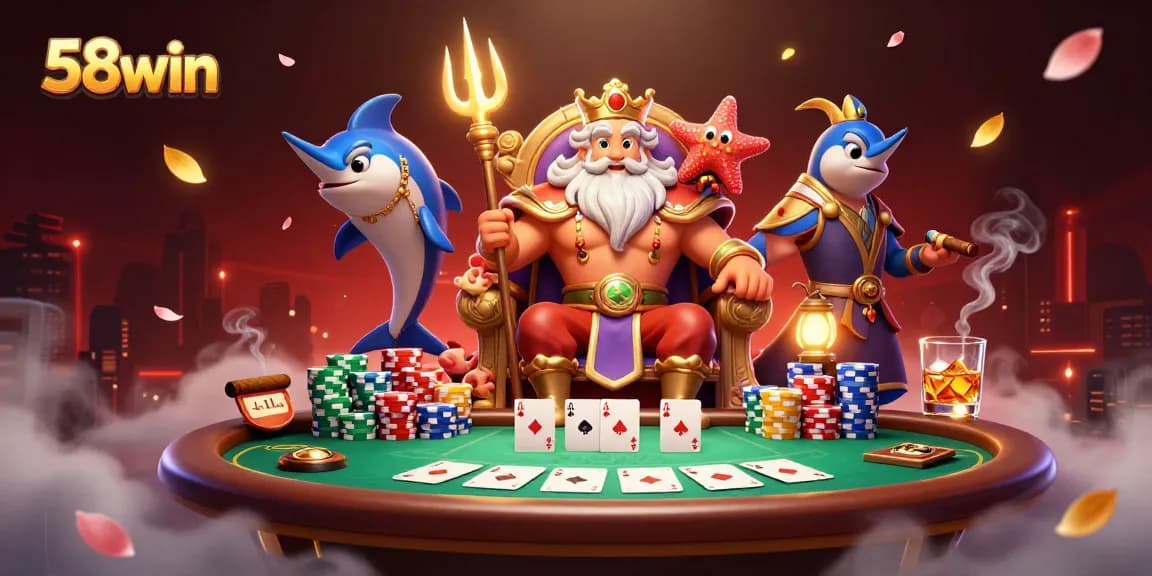 Experience exciting poker action at 58win with Neptune, samurai, and colorful chips