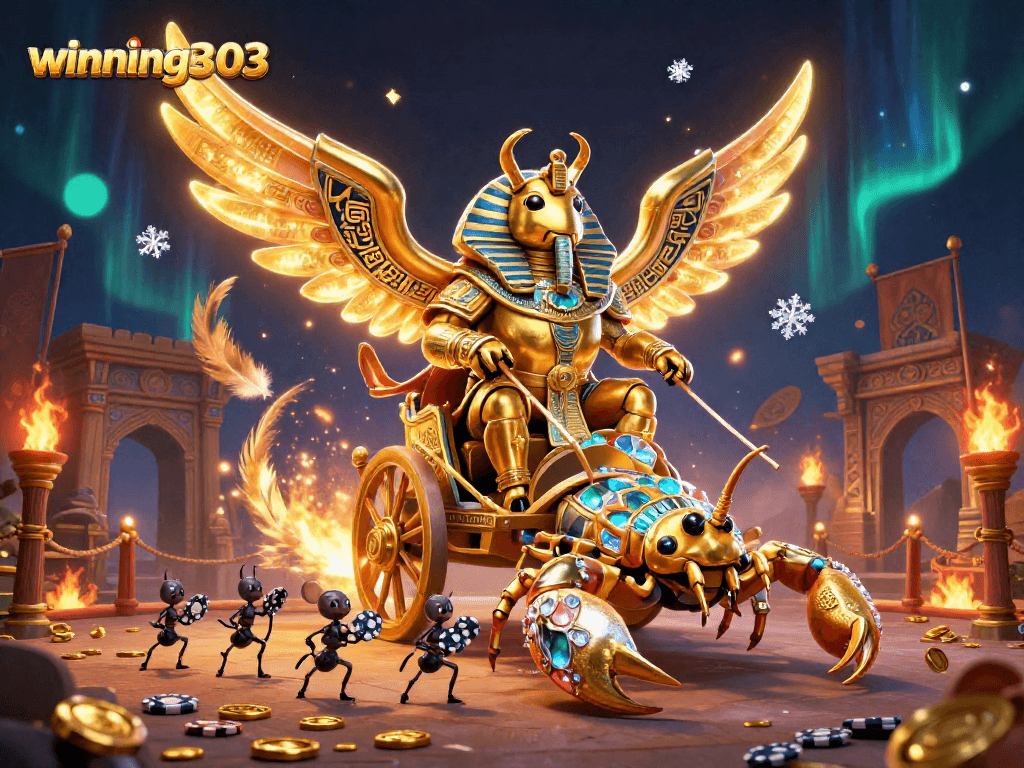 Engage with winning303's vibrant 3D illustration of a golden scarab beetle chariot amidst jewels and coins.