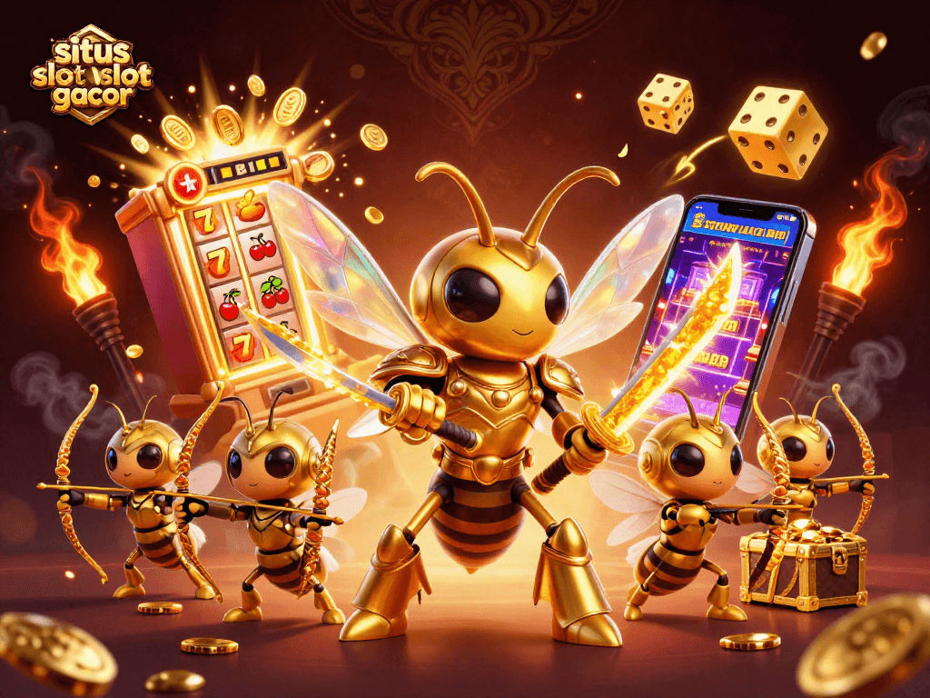 Situs slot gacor menghadirkan jackpot besar dalam ilustrasi 3D detail tinggi dengan simbol kasino berwarna-warni.