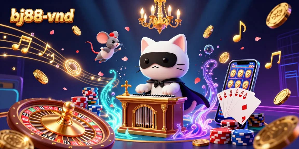 Experience the exciting games at bj88-vnd with a vibrant 3D casino illustration featuring a phantom cat and dynamic elements.