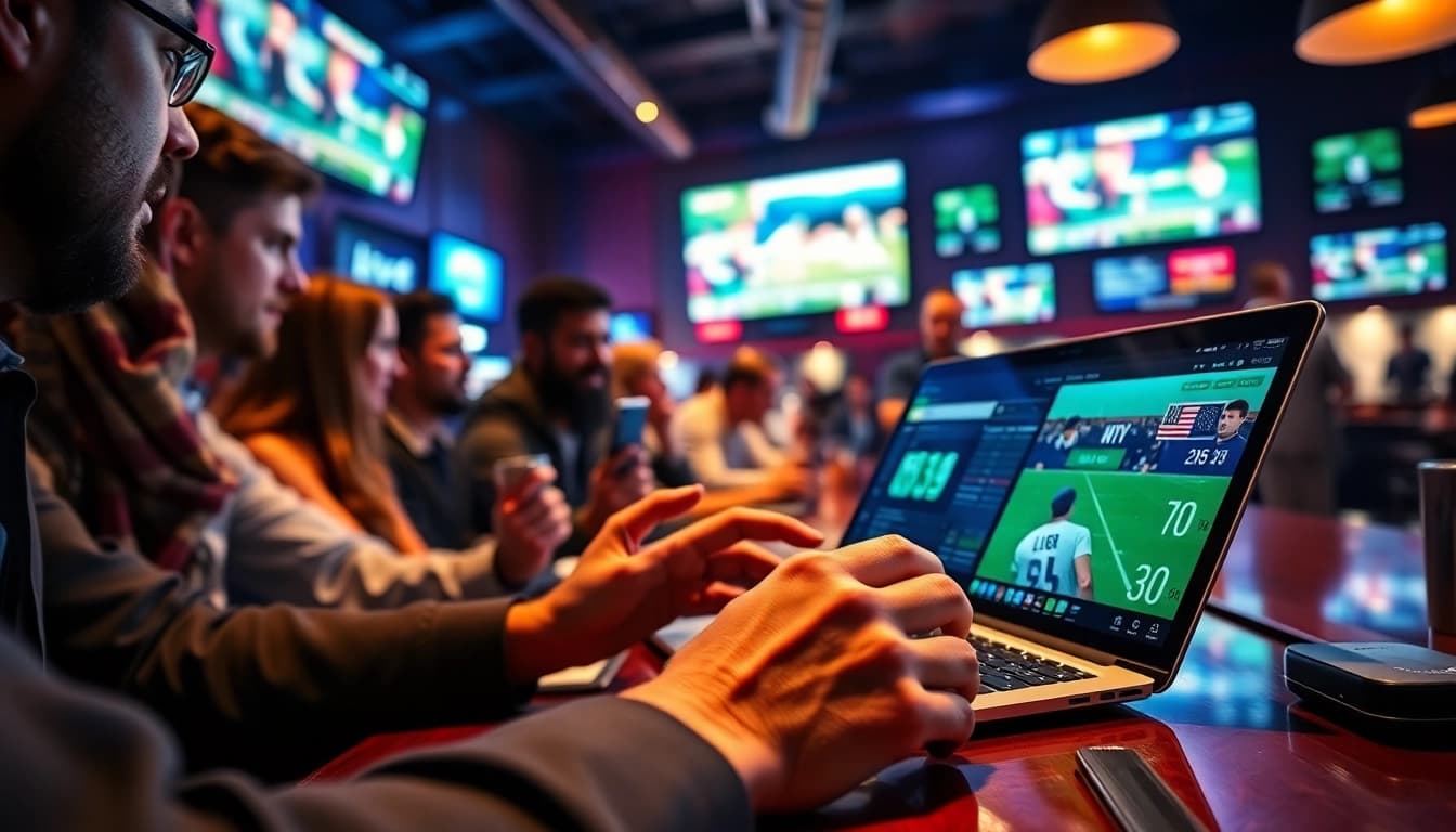 Engaged bettors analyzing odds and placing wagers in an exciting sports betting environment.
