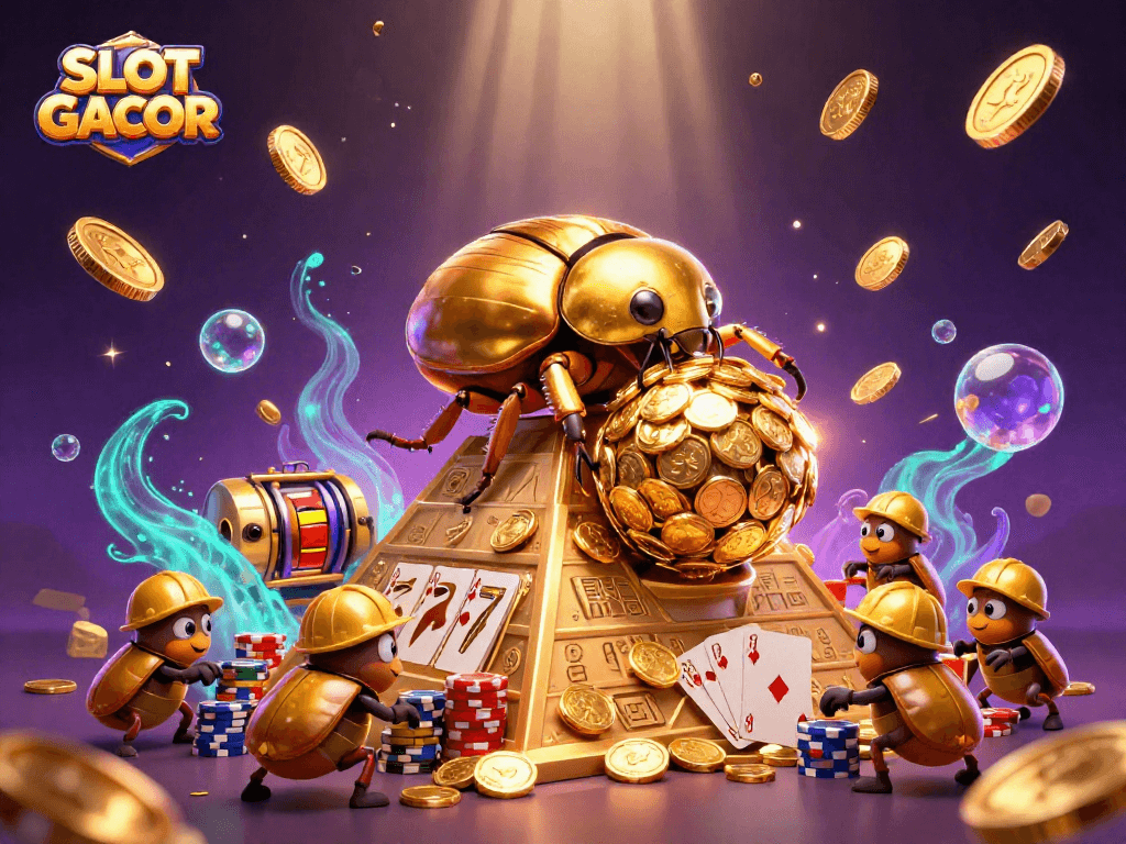 SLOT GACOR showcases an engaging scene with a giant golden beetle and coins in a lively casino atmosphere.