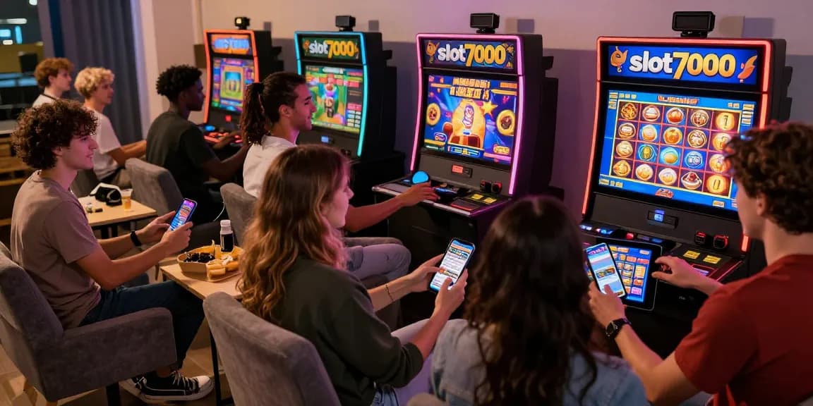 Players enjoying diverse slot7000 games on mobile devices in a vibrant home setting