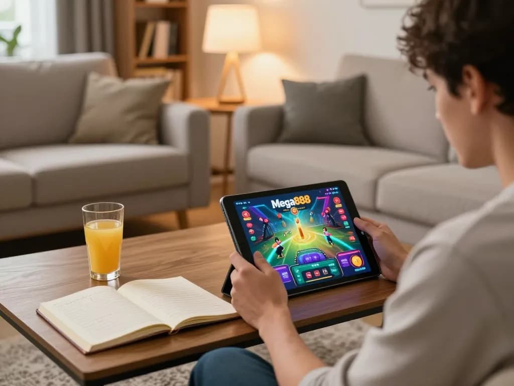 Mega888 login Malaysia setup on tablet showing engaging gameplay and strategy notes on the table
