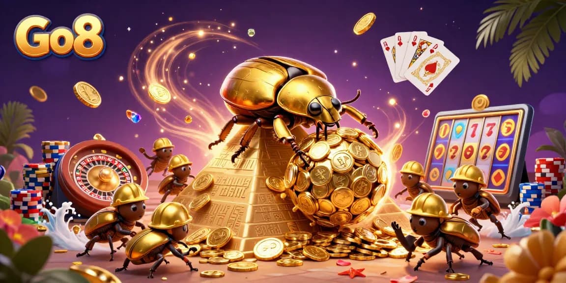 Engage in thrilling gameplay with Go8, showcasing a 3D scene of golden treasures and vibrant casino elements.