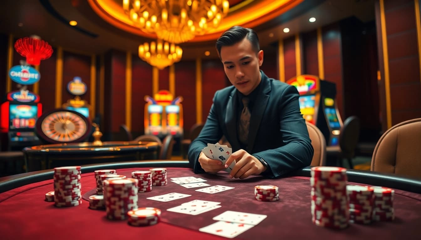 Engaging player enjoying a high-stakes game at a table inspired by https://go88vn.id/ casino atmosphere.