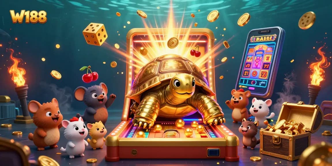 Engage in thrilling gameplay at W188 Casino featuring a vibrant pinball tortoise and colorful slot machine.