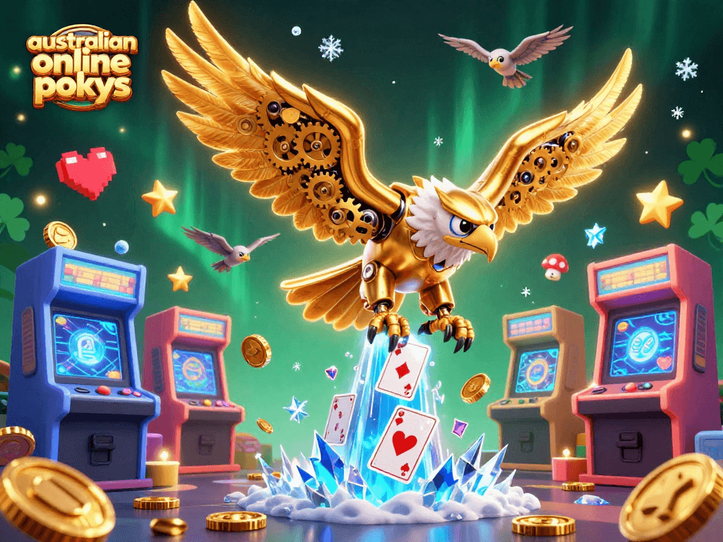 Engage with australian online pokies while a cybernetic eagle dives through holographic cards above arcade machines.