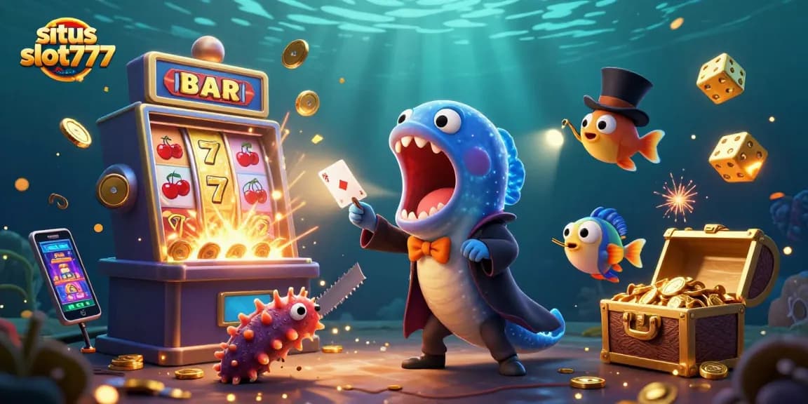 Situs slot777 showcases a vibrant scene with a gulper eel magician, bursting slot machine, and glowing casino elements creating excitement.