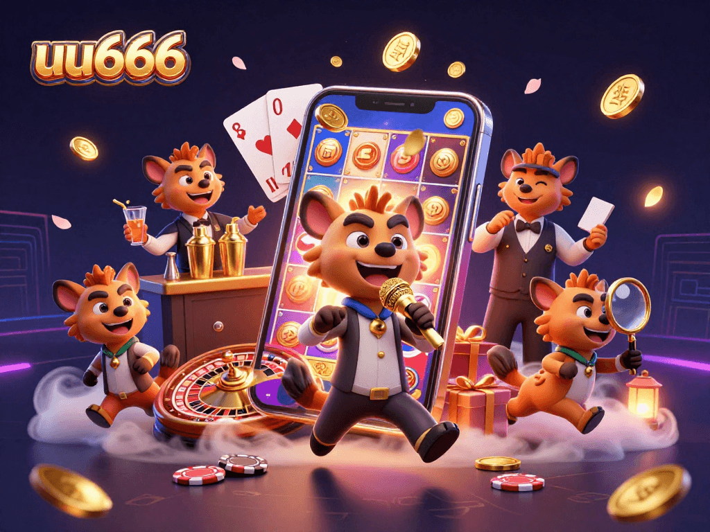 Join the fun at uu666's comedy casino club, featuring hyenas in a vibrant, rich scene.