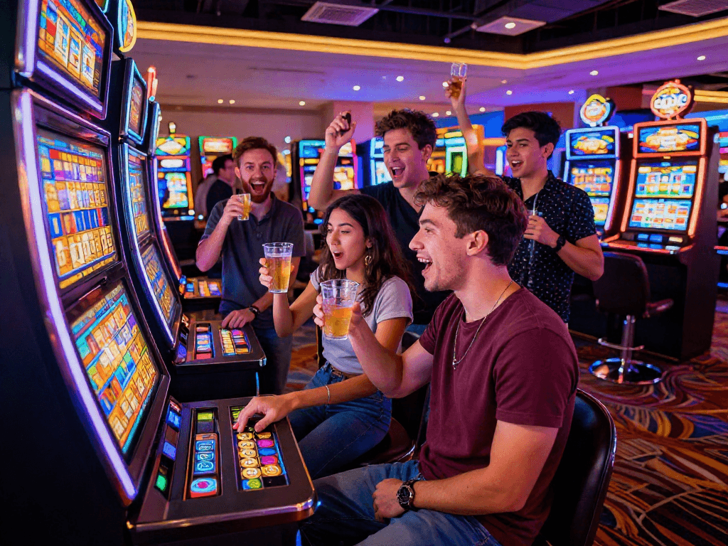 Friends enjoying a thrilling moment at a toto slot machine in a lively casino setting.
