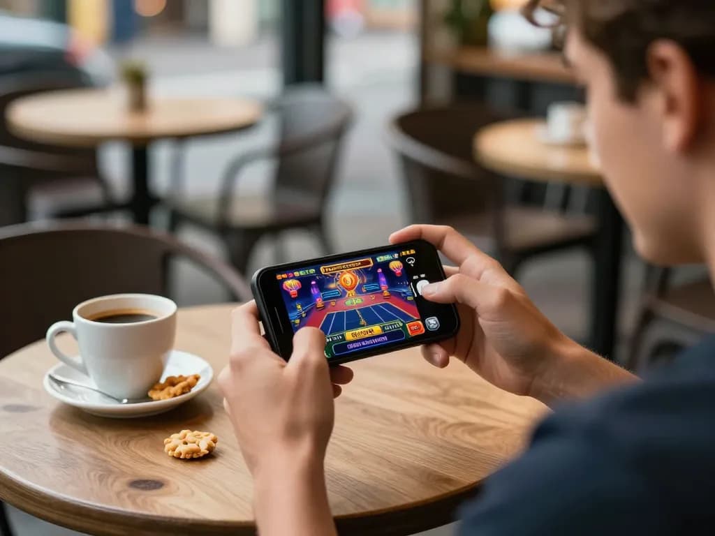 Sunwin mobile gaming experience on smartphone at café table, showcasing excitement in online gambling.