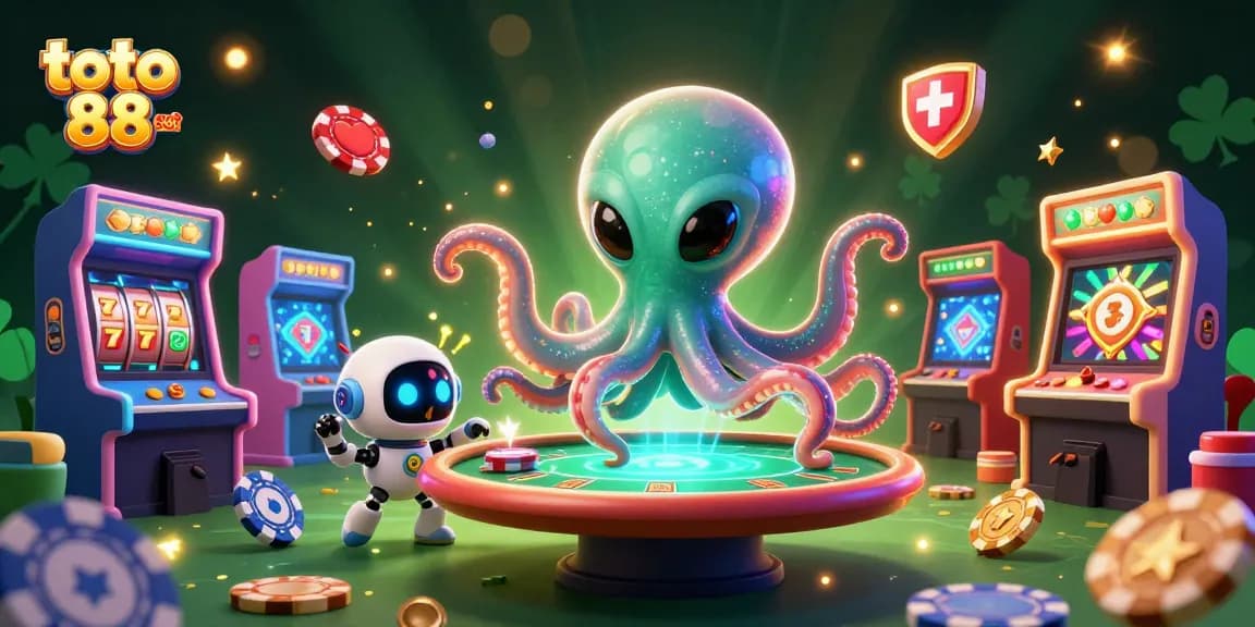 Exciting scene with the toto 88 slot alien octopus operating a holographic poker table, showcasing vibrant casino elements.
