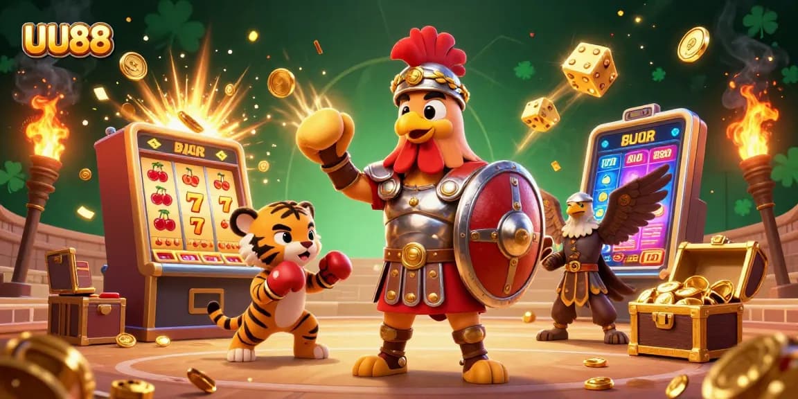Engage with UU88's thrilling casino experience featuring vibrant elements like slot machines and dynamic characters.