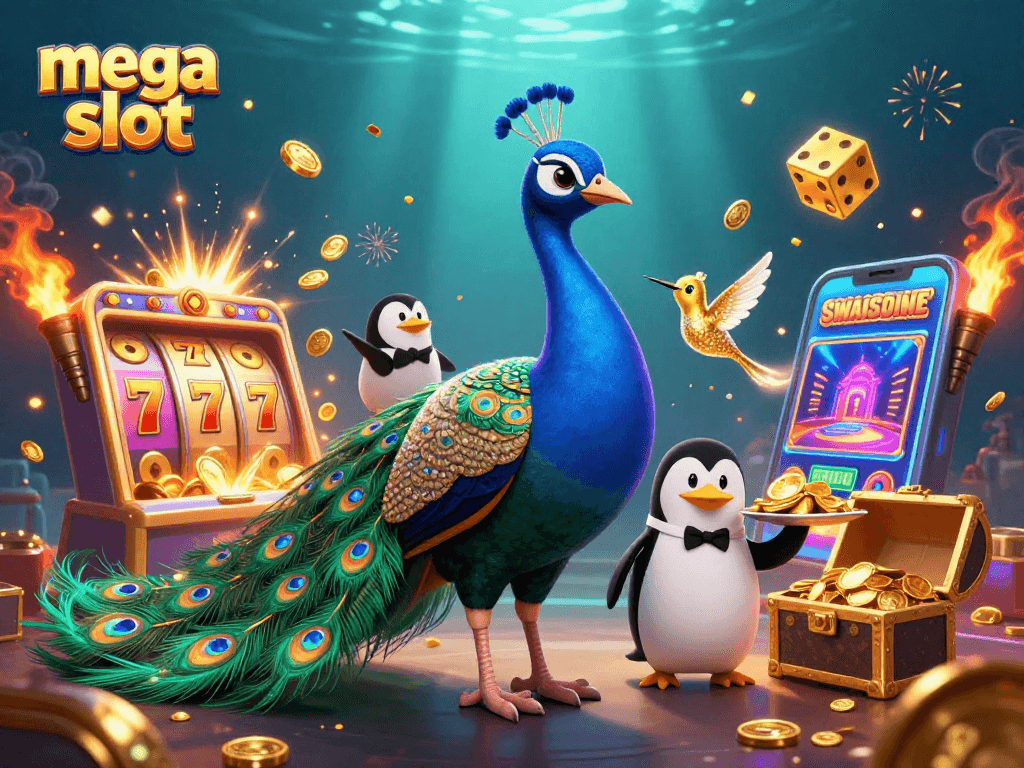 Spin the mega slot reels with vibrant characters and dazzling treasures in this captivating illustration.