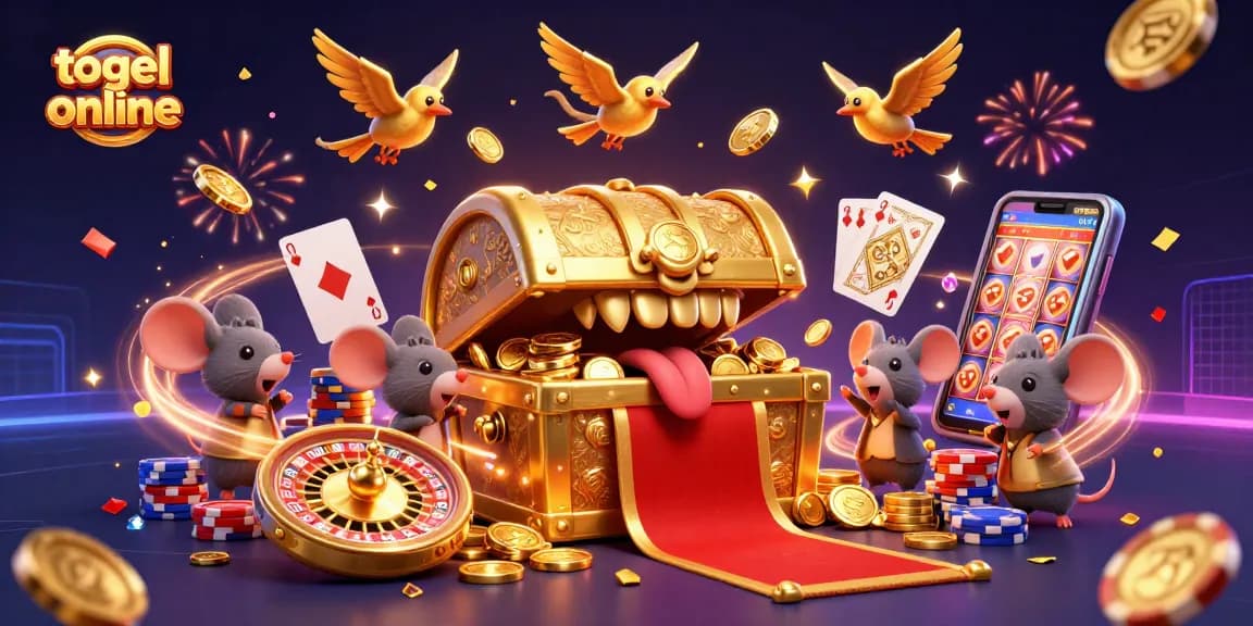 Menghubungkan permainan togel online dengan kesempatan menang, ilustrasi ceria penuh warna.