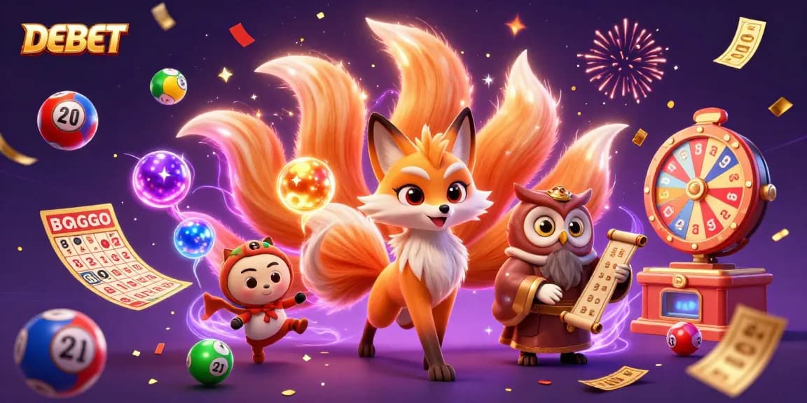Engage with DEBET, a vibrant casino illustration featuring a nine-tailed fox spirit and spirited gambling elements.