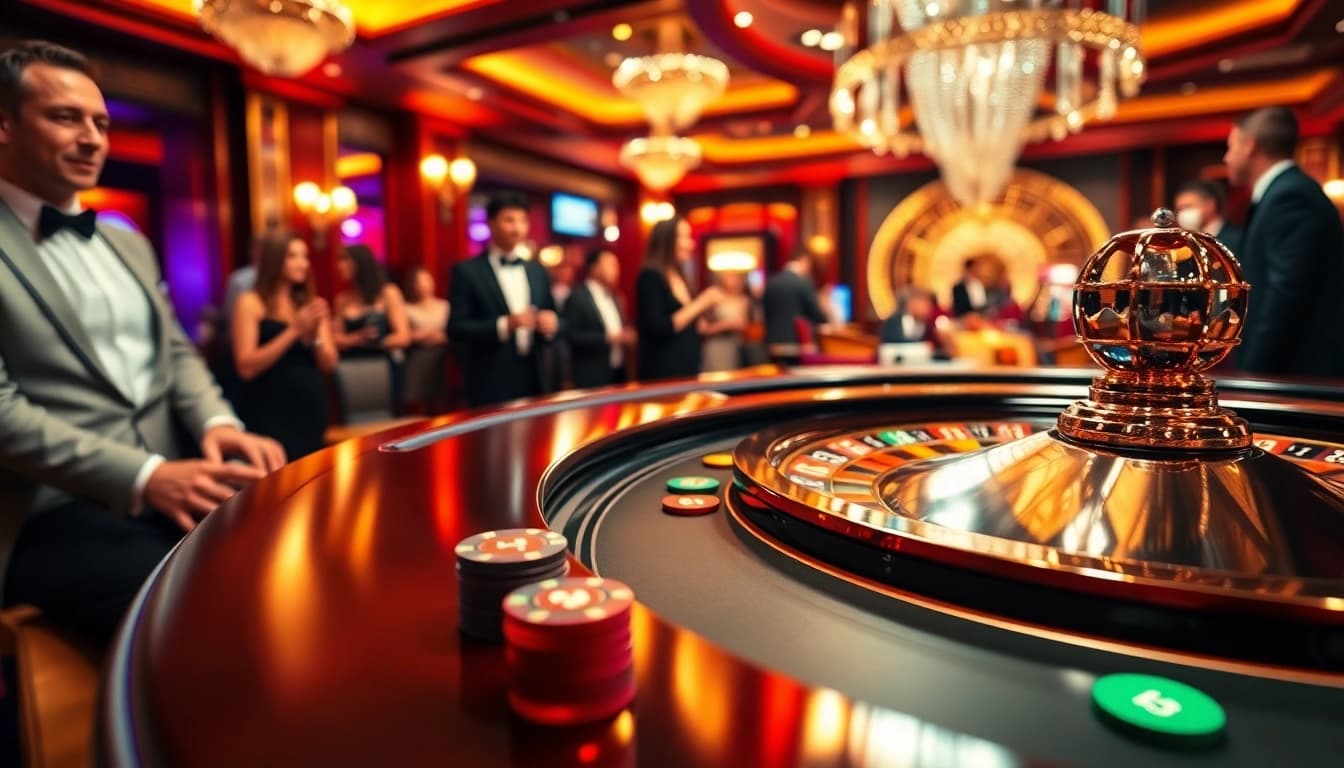 Engaging casino gaming scene showcasing vibrant roulette table and lively atmosphere.