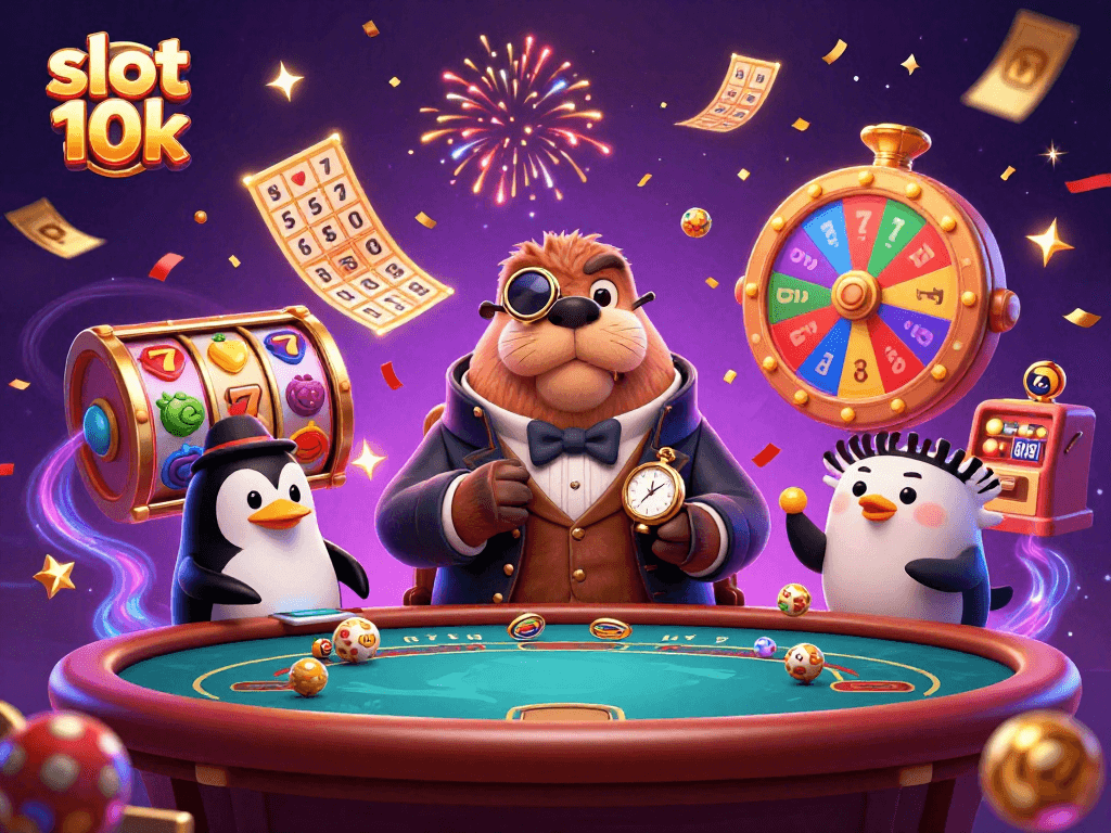 Experience the excitement of slot 10k with vibrant animations and rich graphics in this casino-themed illustration.