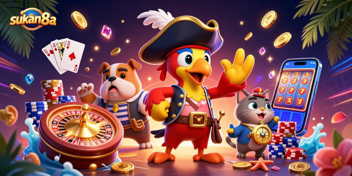 Sukan8a showcases a vibrant 3D scene with a pirate captain parrot and casino elements, promoting thrilling gambling action.