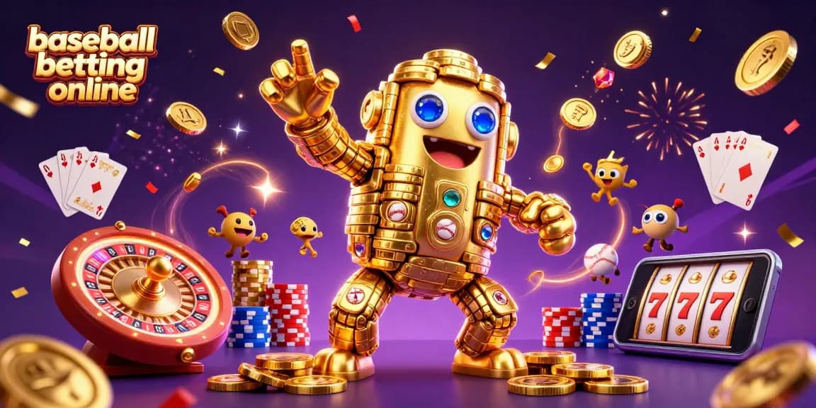Engage in dynamic baseball betting online with vivid 3D illustration of casino elements and sports symbols.