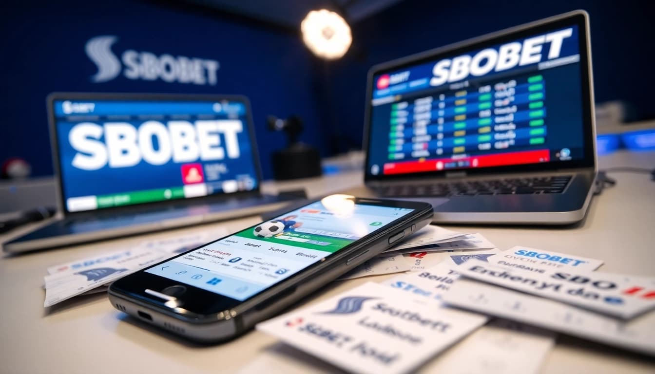 SBOBET menunjukkan aplikasi taruhan olahraga di smartphone canggih dalam suasana yang energik.