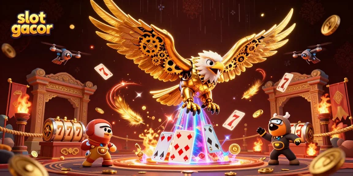 Experience thrilling slot gacor action with golden eagle diving amidst dynamic gaming elements.