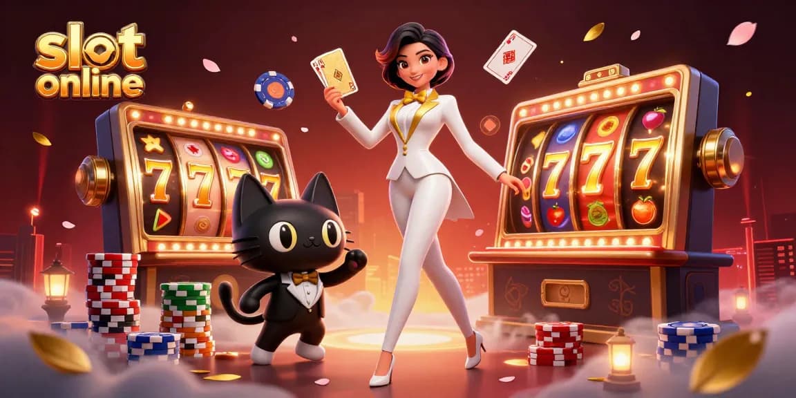 Experience excitement at our slot online games, featuring an engaging scene with a glamorous croupier and charming casino elements.