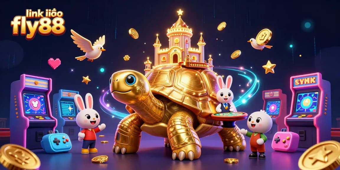 Engage with link vào fly88 at the dynamic casino scene featuring a golden tortoise and a rabbit dealer.