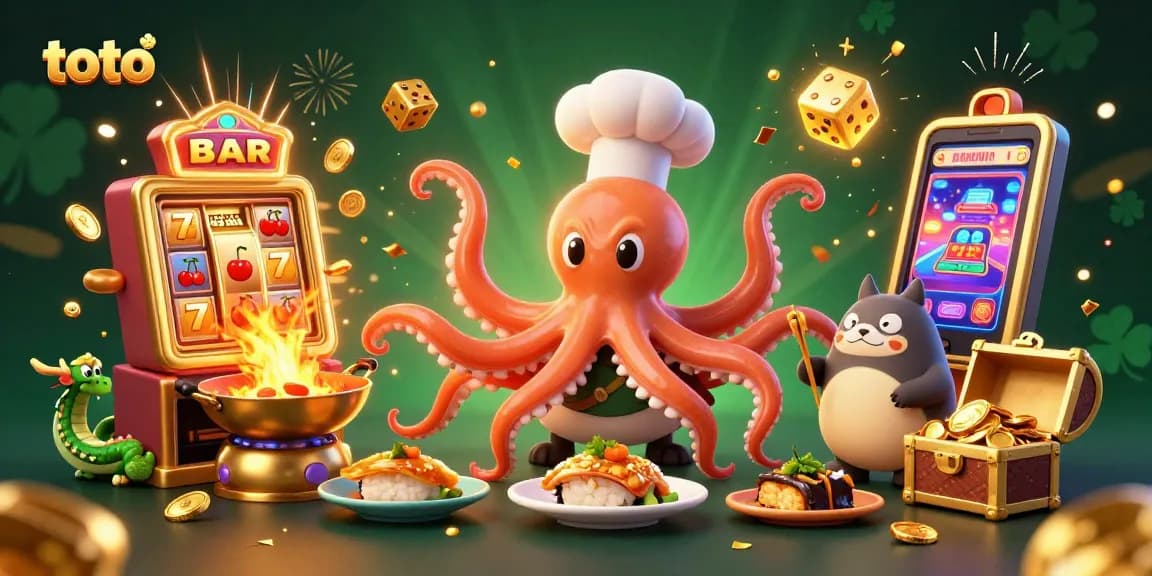 Experience thrilling gaming action with toto as a cartoon octopus prepares golden dishes, surrounded by vibrant casino elements.