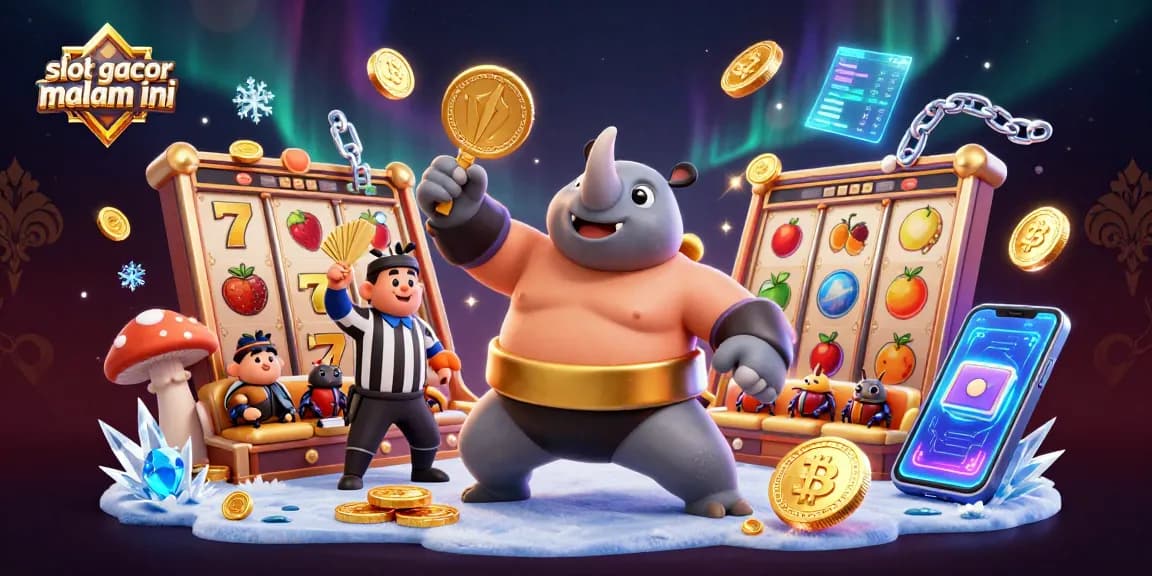 Slot gacor malam ini menampilkan kejayaan juara sumo dengan koin emas yang berterbangan dan elemen slot terkenal.