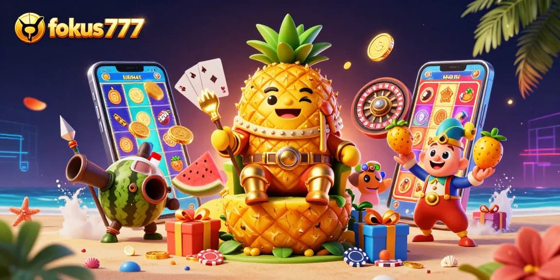 Experience the excitement of fokus777 with a vibrant 3D casino scene featuring colorful slot games.