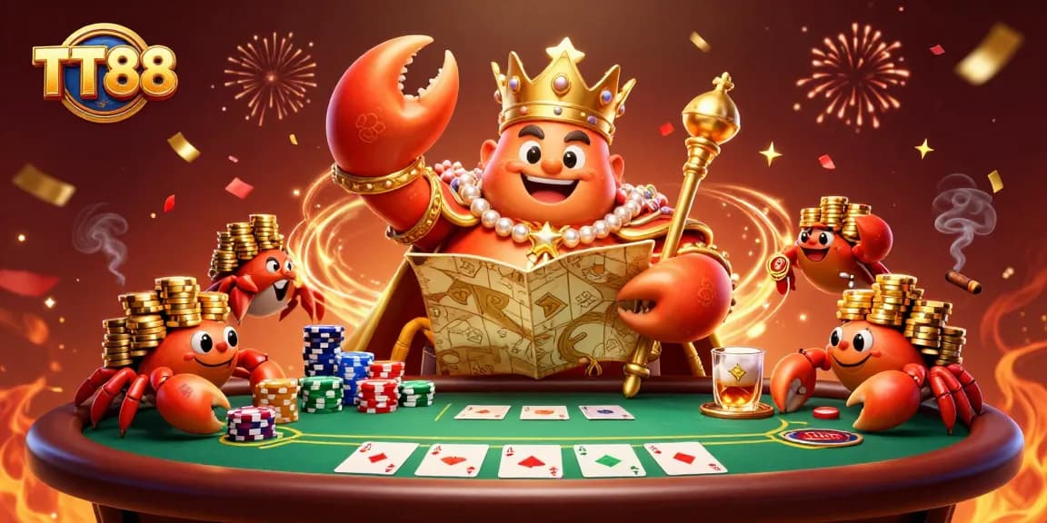 Engage with TT88's vibrant gaming scene featuring a golden crab emperor amidst action-packed poker elements.