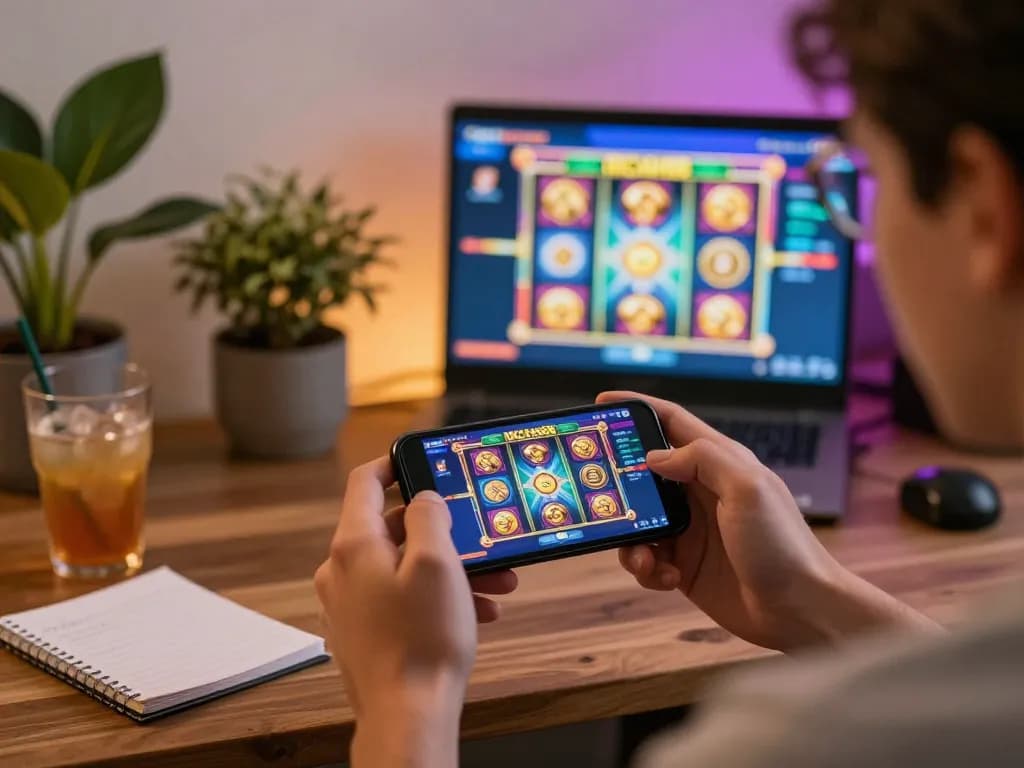 IDCASH88 player engaging with slot games on smartphone in a cozy gaming environment