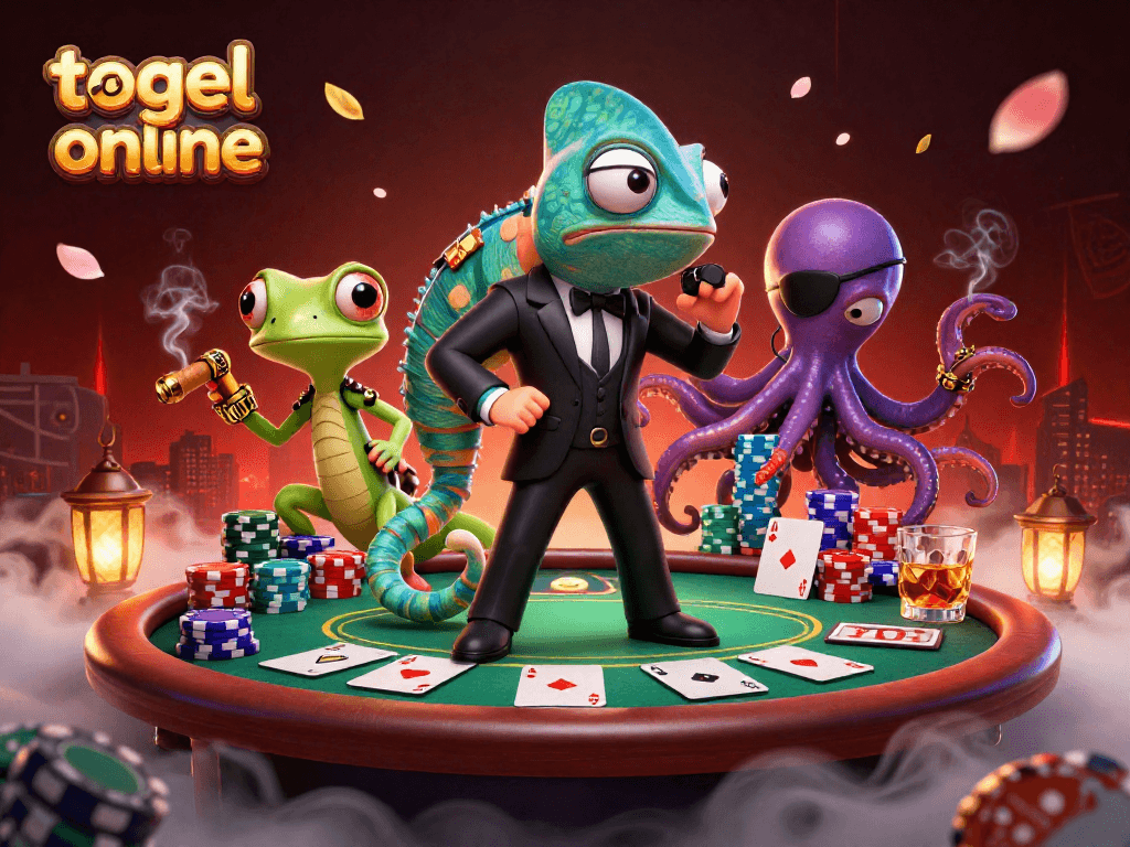 Play exciting togel online with a secret agent chameleon, tech gecko, and an octopus villain at a vibrant poker scene.